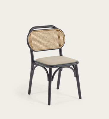 Καρέκλα τραπεζαρίας σε φυσικό ξύλο με κάθισμα υφάσματος και πισινό από πραγματικό ράταν W47*D51*H82.5CM