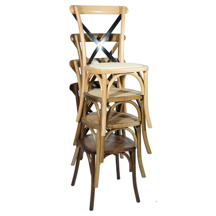 Προσαρμοσμένα σχέδια Σκανδιναβική σύγχρονη ράτανα Cross Back Stackable Massive Wood Γάμος Γάμος ξύλινη καρέκλα OEM Υπηρεσία αποδέχεται