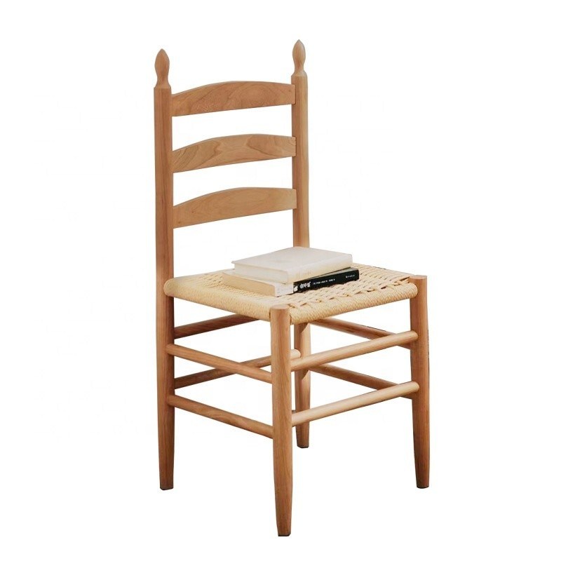 Χωρίς διπλωμένη καρέκλα τραπεζαρίας με καρέκλα πλάτης με χειροποίητο στερεό ξύλο και πλεγμένο μαξιλάρι με σχοινί